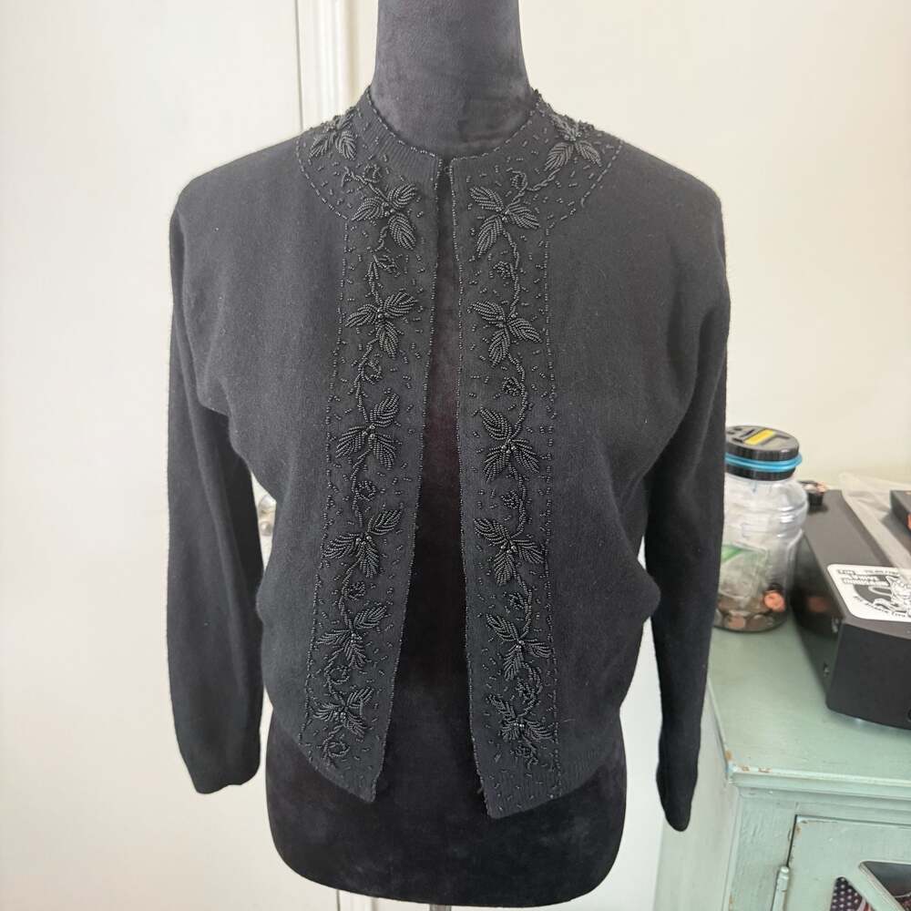 Vintage Macy's Beaded Angora Wool Blend Black Cardigan Sweater